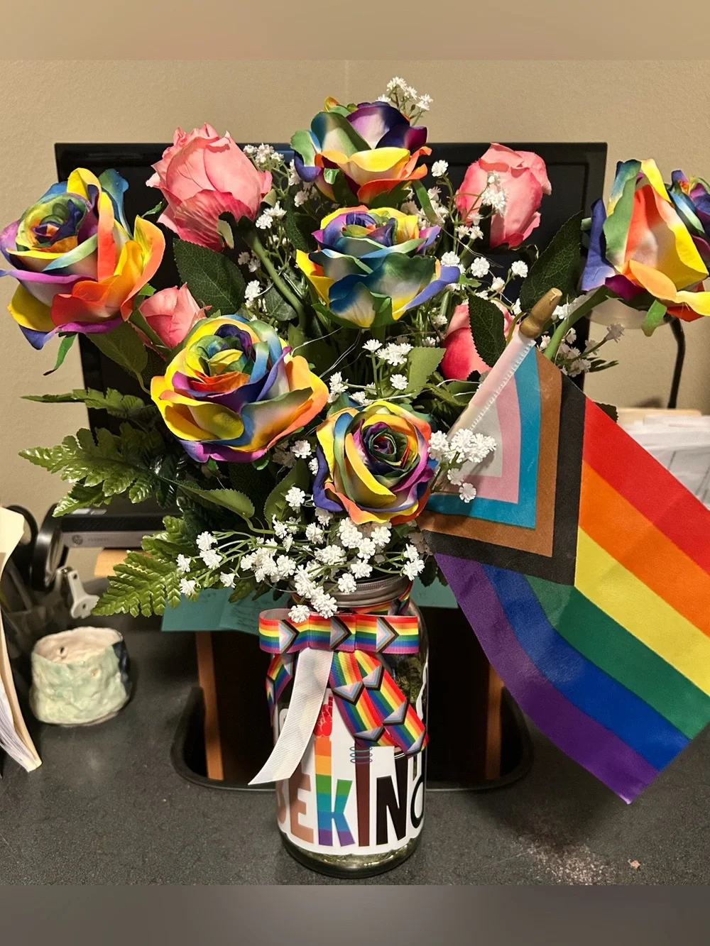 XL PRIDE FAUX FLORAL ARRANGEMENT/RAINBOW FAIRY LIGHTS/DOZEN ROSES/HANDMADE/NWT